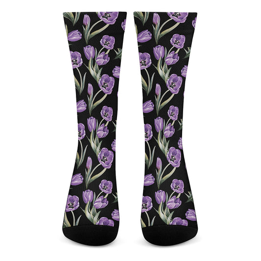Purple Watercolor Tulip Pattern Print Crew Socks