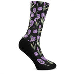 Purple Watercolor Tulip Pattern Print Crew Socks