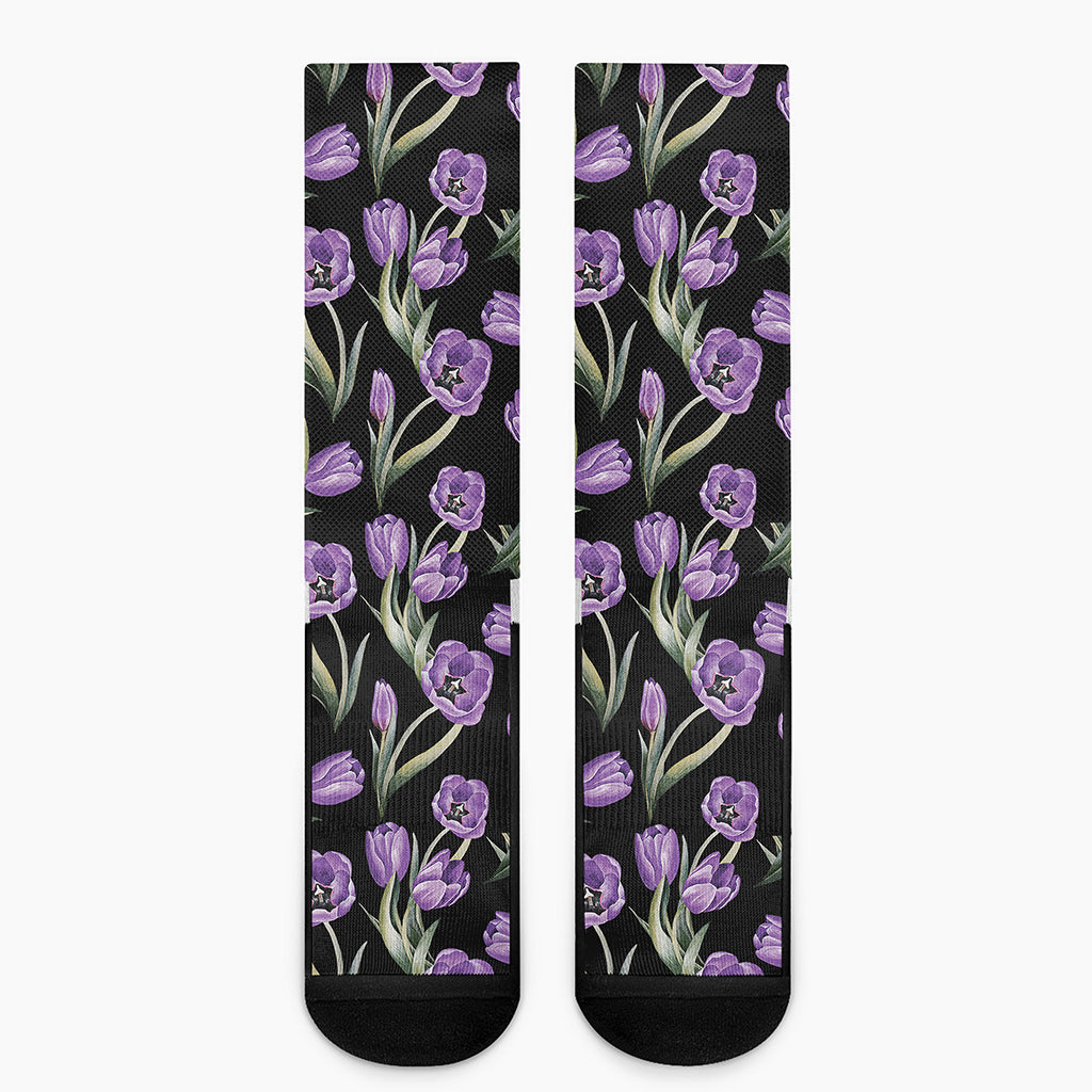 Purple Watercolor Tulip Pattern Print Crew Socks