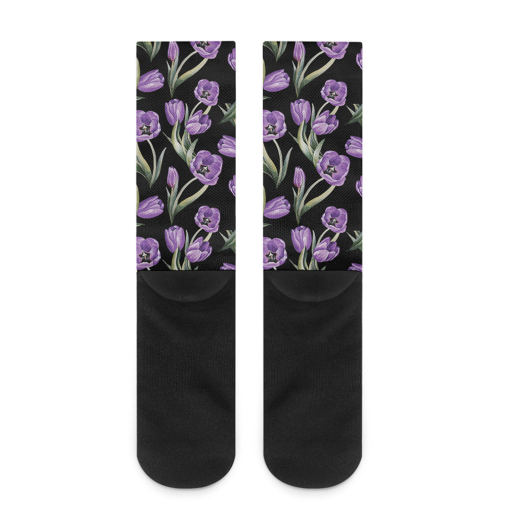 Purple Watercolor Tulip Pattern Print Crew Socks
