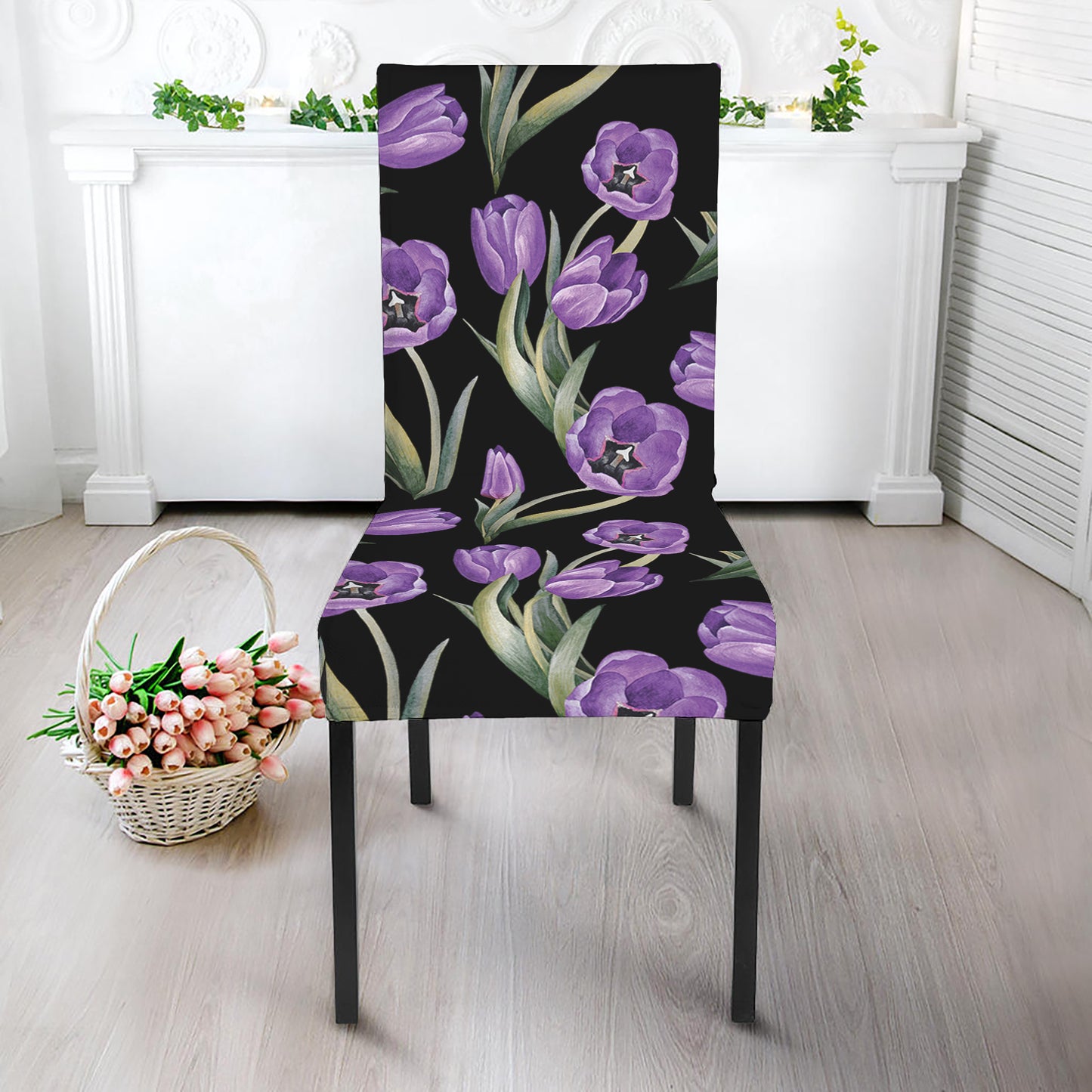 Purple Watercolor Tulip Pattern Print Dining Chair Slipcover