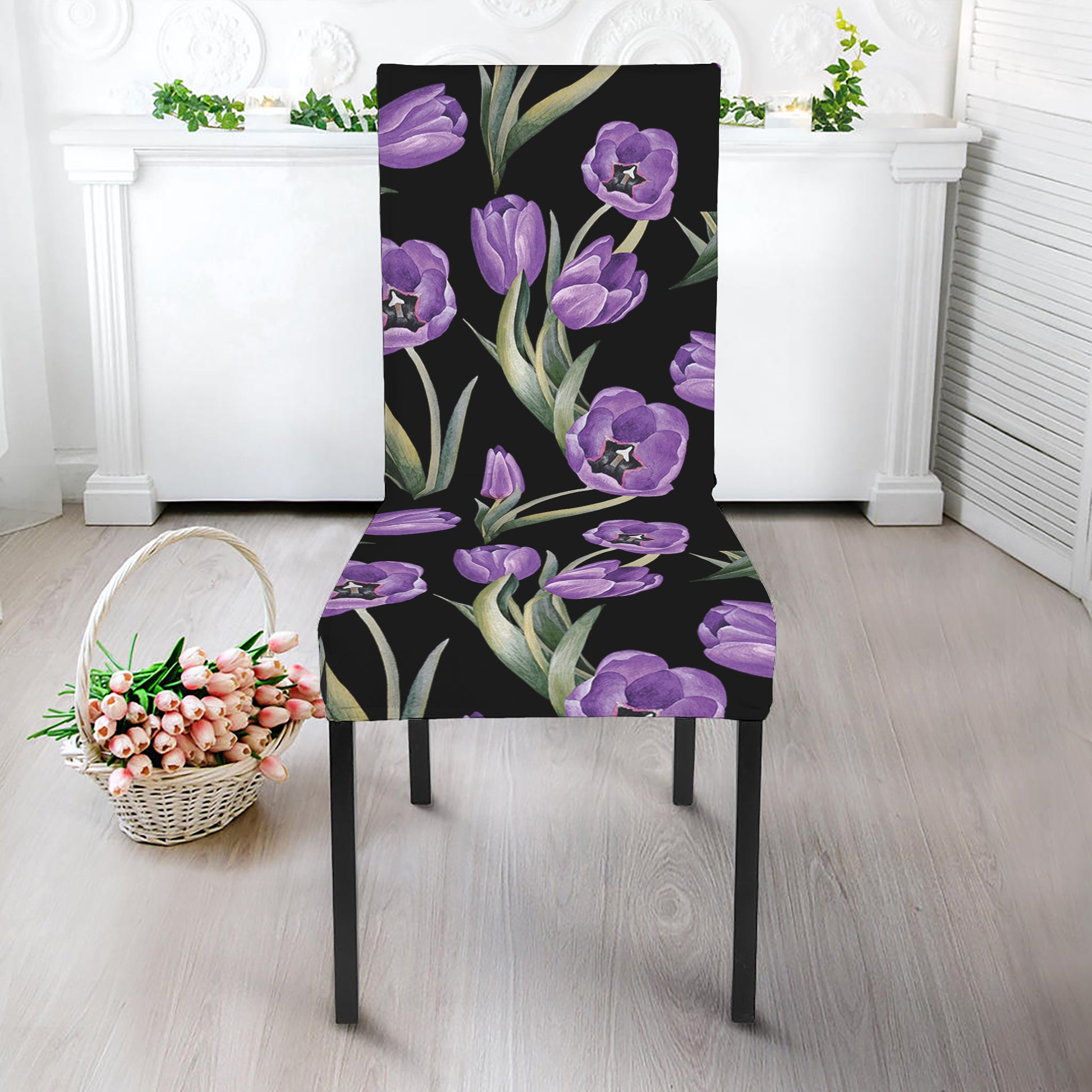 Purple Watercolor Tulip Pattern Print Dining Chair Slipcover
