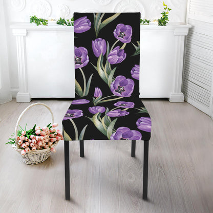 Purple Watercolor Tulip Pattern Print Dining Chair Slipcover