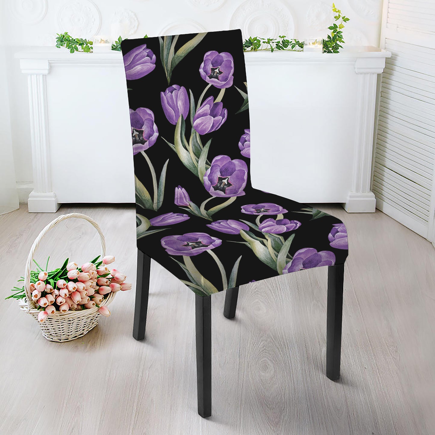 Purple Watercolor Tulip Pattern Print Dining Chair Slipcover