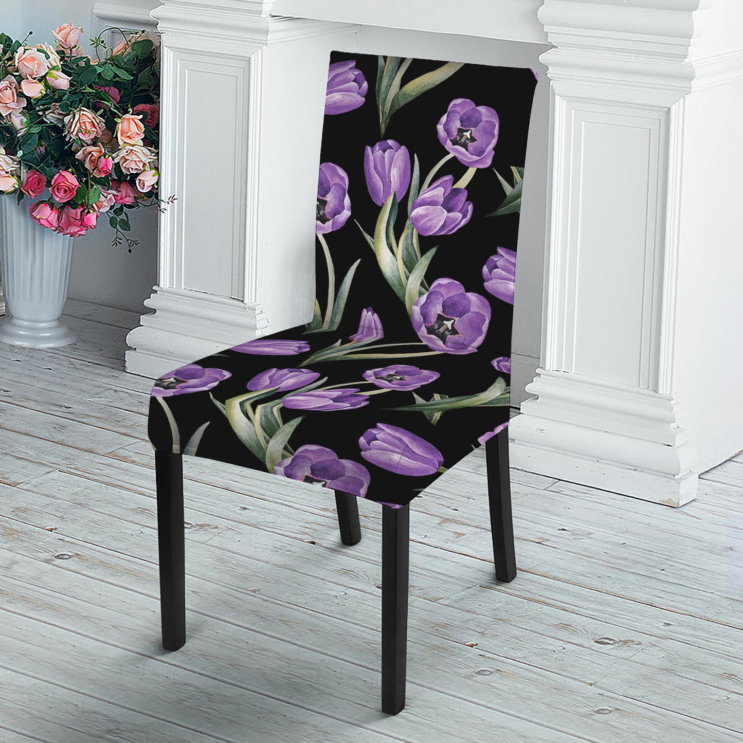 Purple Watercolor Tulip Pattern Print Dining Chair Slipcover