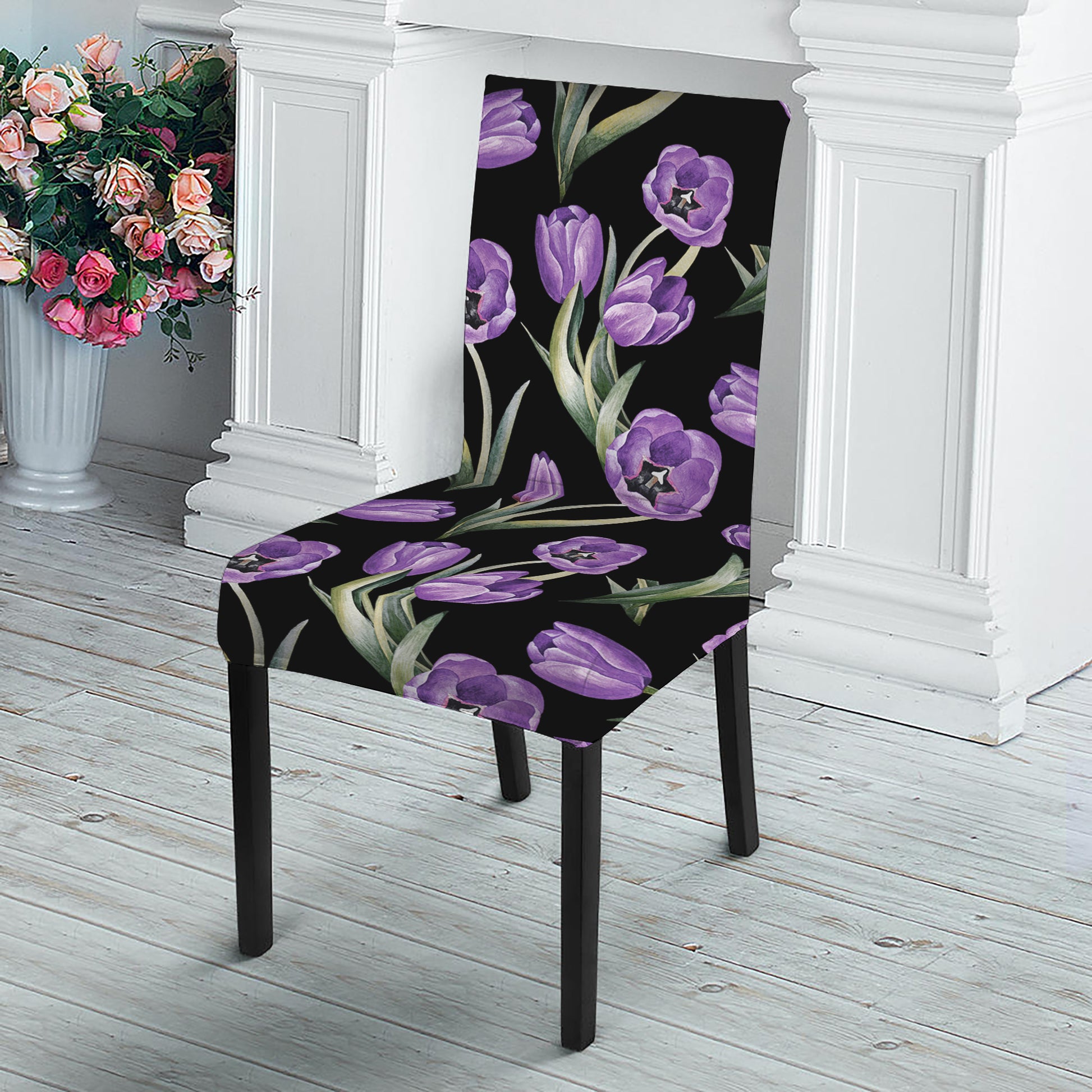 Purple Watercolor Tulip Pattern Print Dining Chair Slipcover