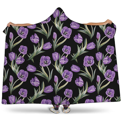 Purple Watercolor Tulip Pattern Print Hooded Blanket