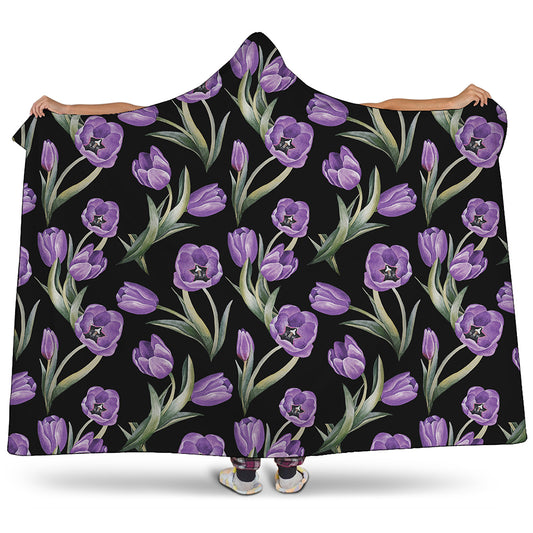 Purple Watercolor Tulip Pattern Print Hooded Blanket