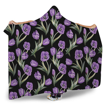 Purple Watercolor Tulip Pattern Print Hooded Blanket