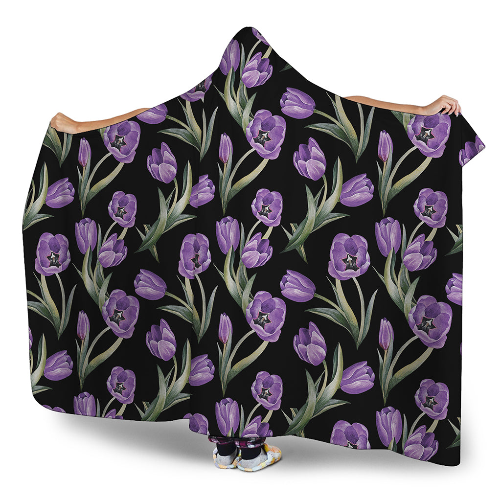 Purple Watercolor Tulip Pattern Print Hooded Blanket