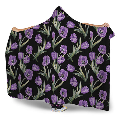Purple Watercolor Tulip Pattern Print Hooded Blanket