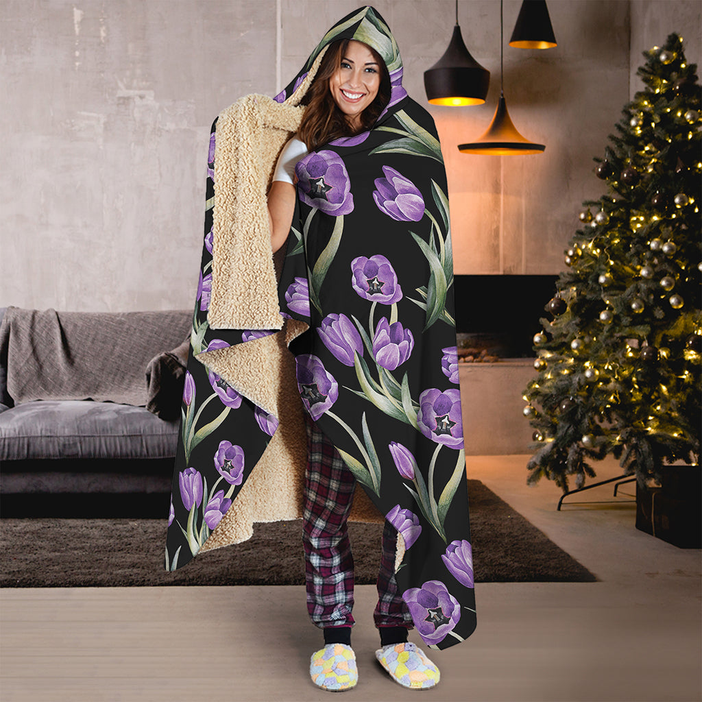 Purple Watercolor Tulip Pattern Print Hooded Blanket