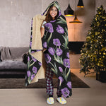 Purple Watercolor Tulip Pattern Print Hooded Blanket