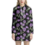 Purple Watercolor Tulip Pattern Print Hoodie Dress