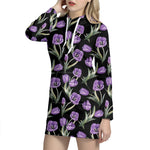 Purple Watercolor Tulip Pattern Print Hoodie Dress