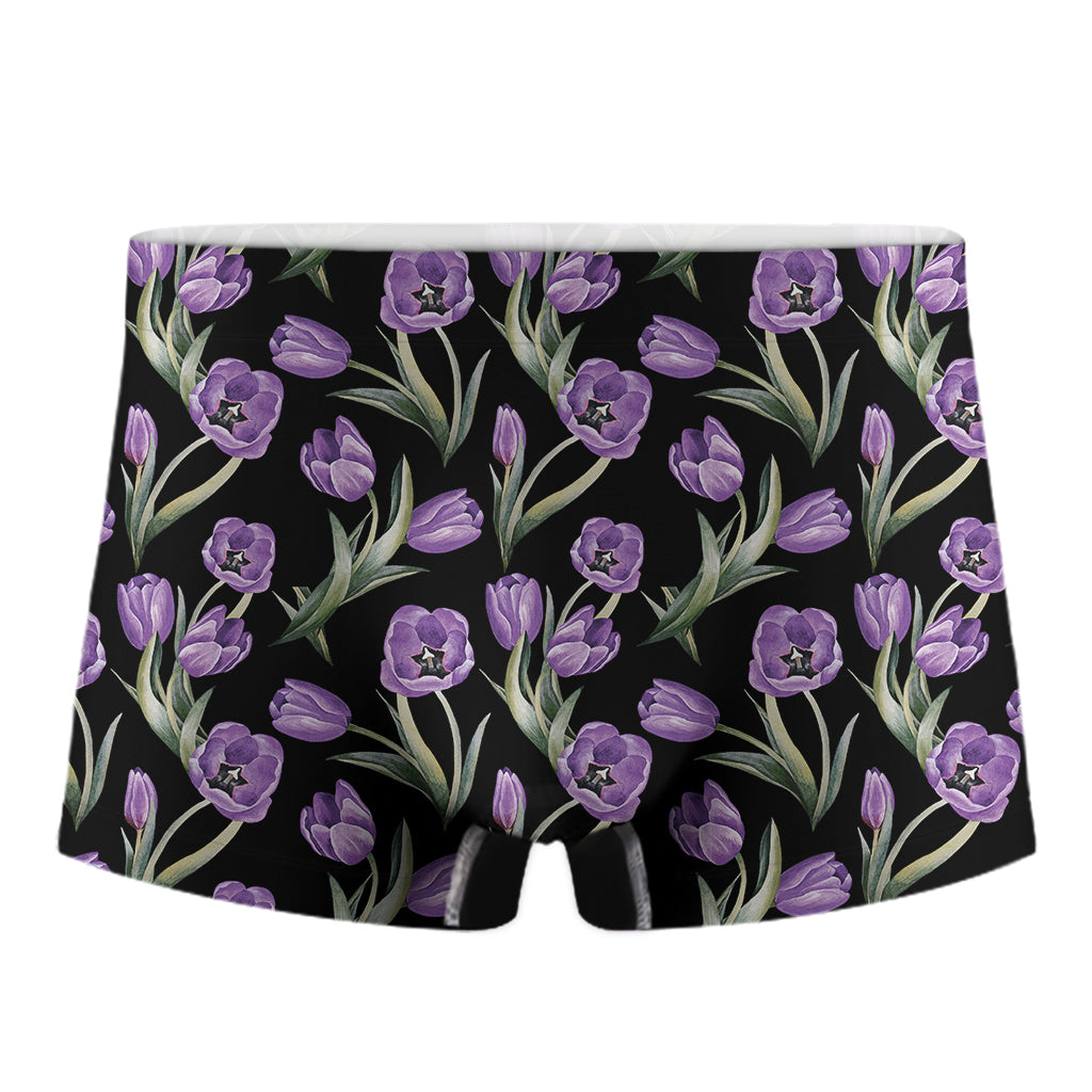 Purple Watercolor Tulip Pattern Print Men's Boxer Briefs