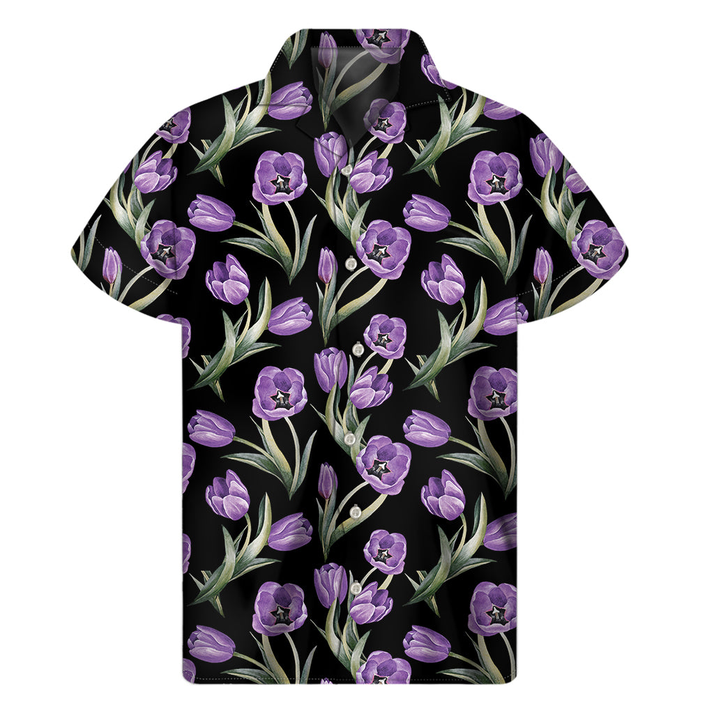 Purple Watercolor Tulip Pattern Print Men's Short Sleeve Shirt