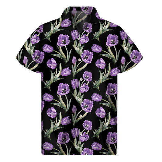 Purple Watercolor Tulip Pattern Print Men's Short Sleeve Shirt