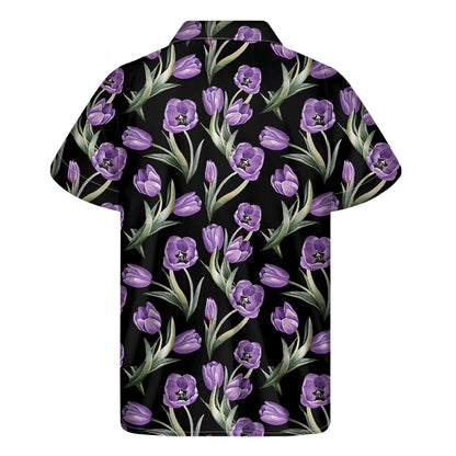 Purple Watercolor Tulip Pattern Print Men's Short Sleeve Shirt