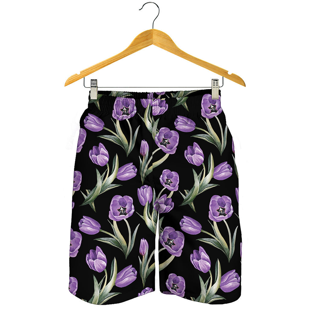 Purple Watercolor Tulip Pattern Print Men's Shorts