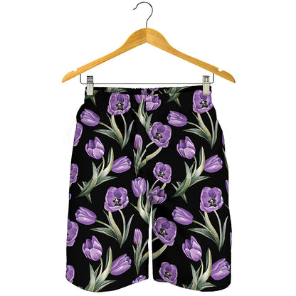 Purple Watercolor Tulip Pattern Print Men's Shorts