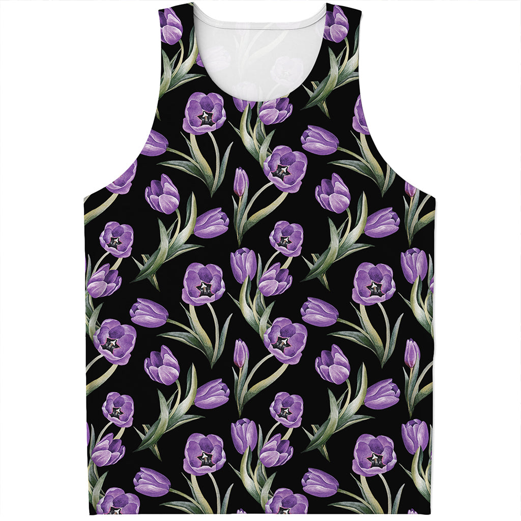 Purple Watercolor Tulip Pattern Print Men's Tank Top