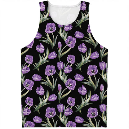 Purple Watercolor Tulip Pattern Print Men's Tank Top