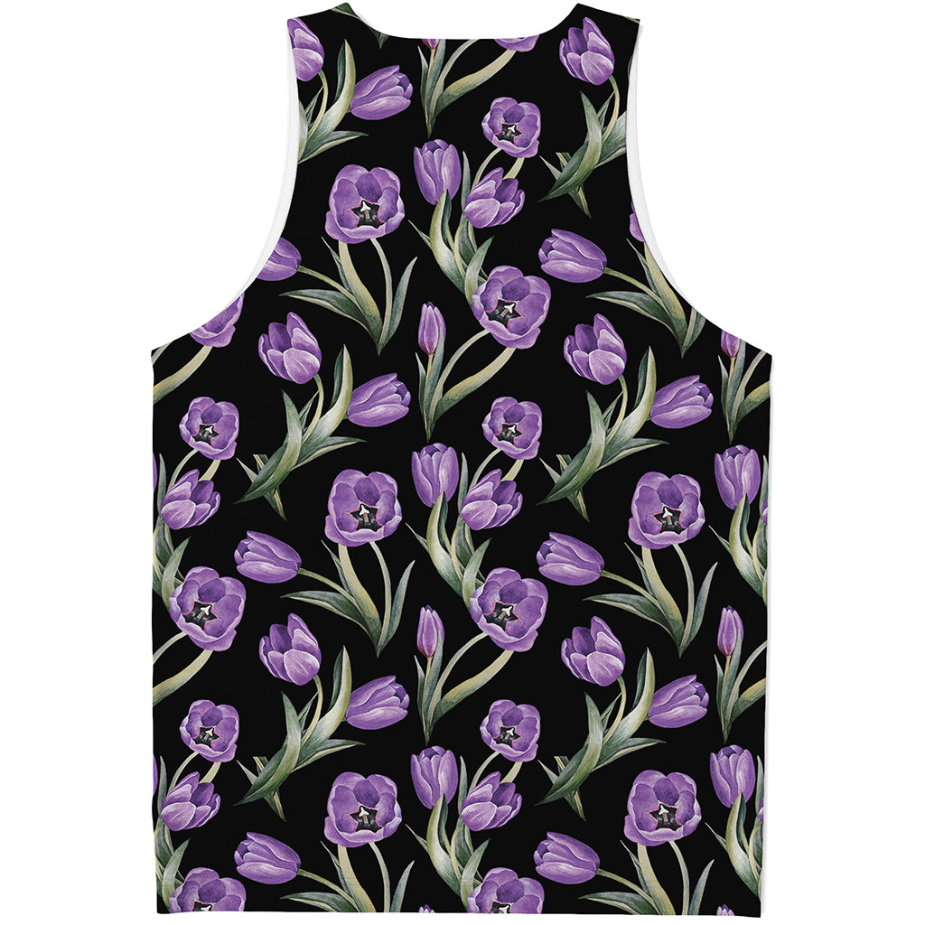 Purple Watercolor Tulip Pattern Print Men's Tank Top
