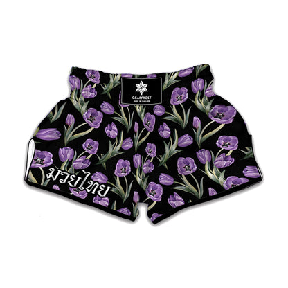 Purple Watercolor Tulip Pattern Print Muay Thai Boxing Shorts