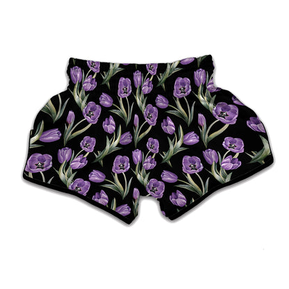 Purple Watercolor Tulip Pattern Print Muay Thai Boxing Shorts