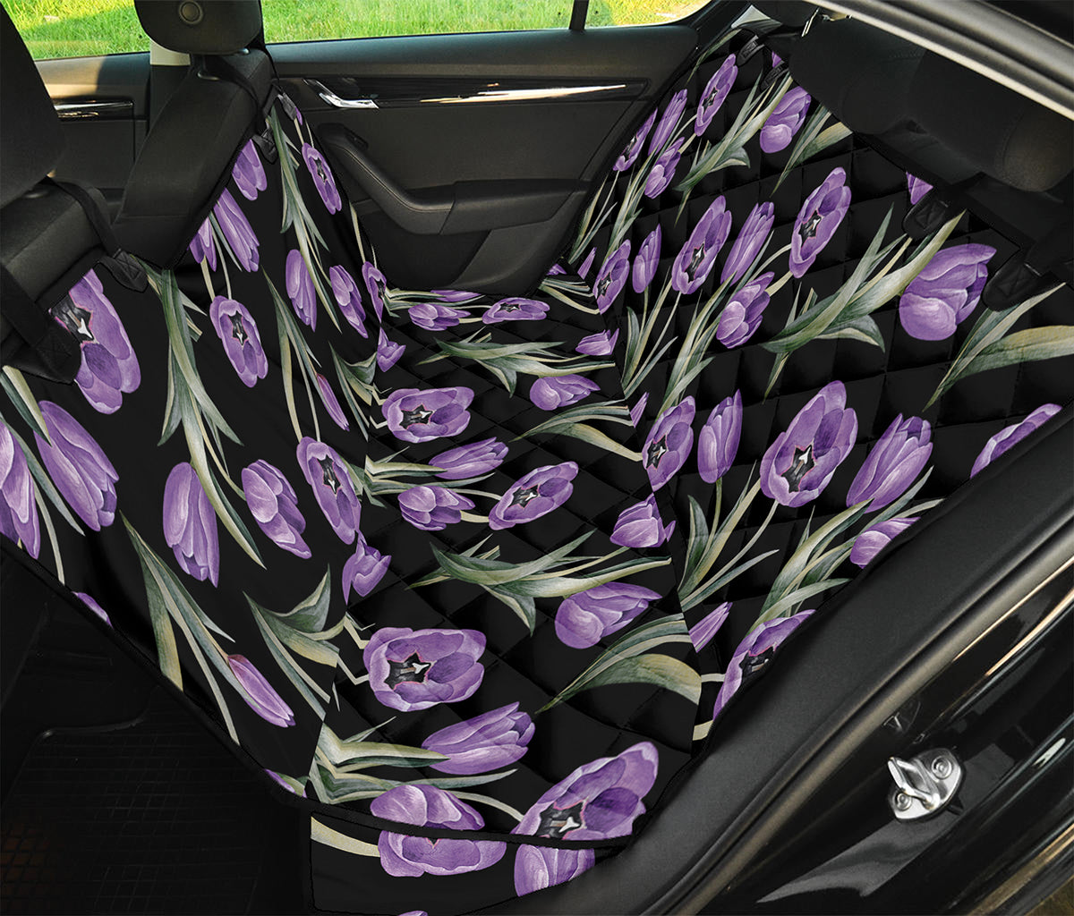Purple Watercolor Tulip Pattern Print Pet Car Back Seat Cover
