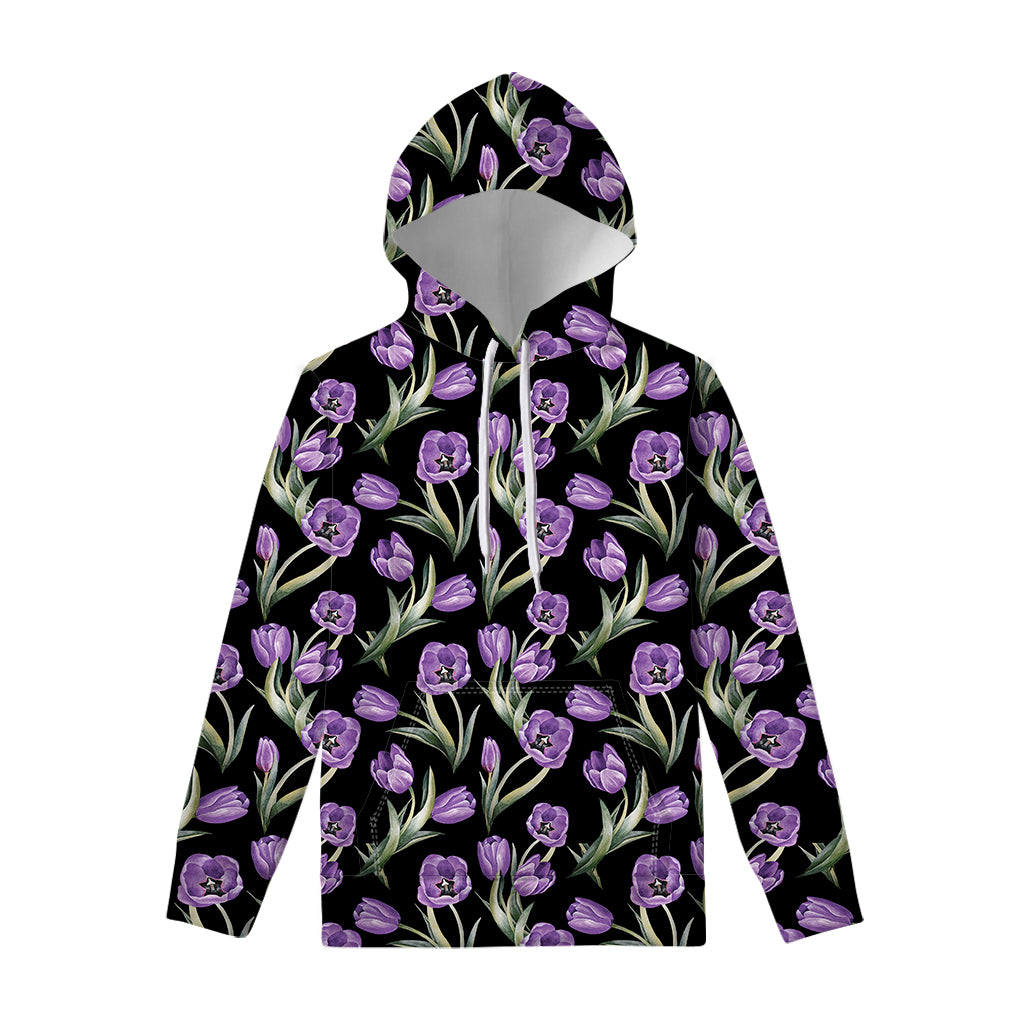 Purple Watercolor Tulip Pattern Print Pullover Hoodie