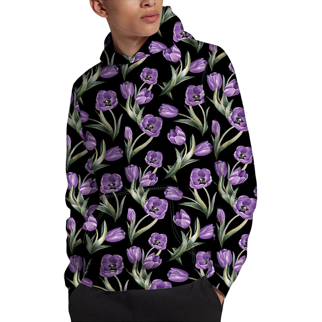 Purple Watercolor Tulip Pattern Print Pullover Hoodie