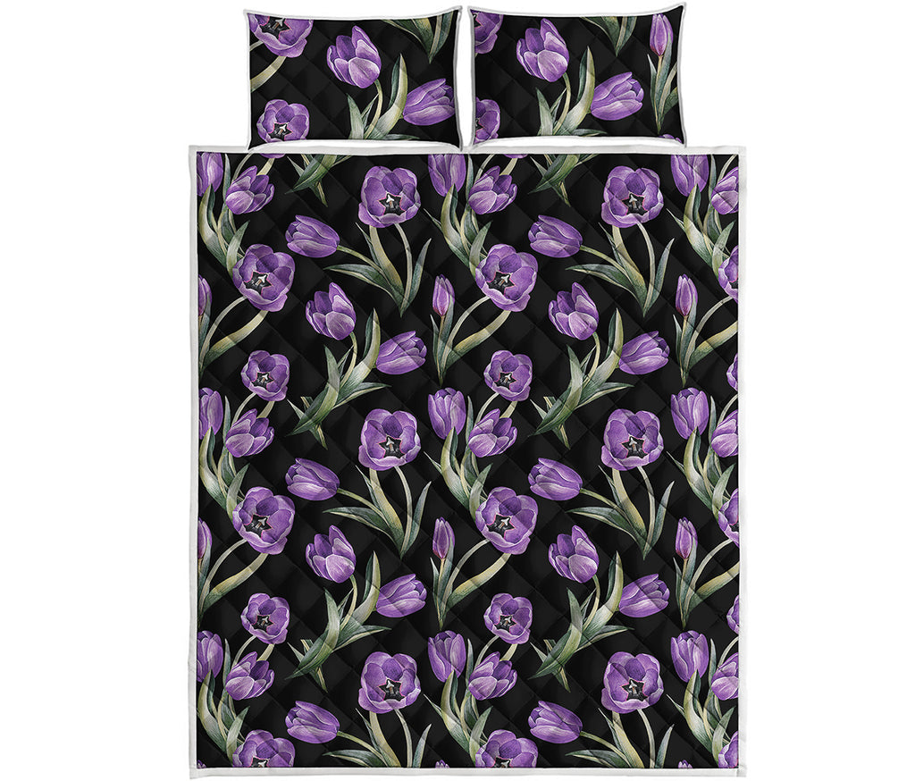 Purple Watercolor Tulip Pattern Print Quilt Bed Set