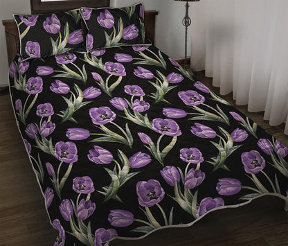 Purple Watercolor Tulip Pattern Print Quilt Bed Set