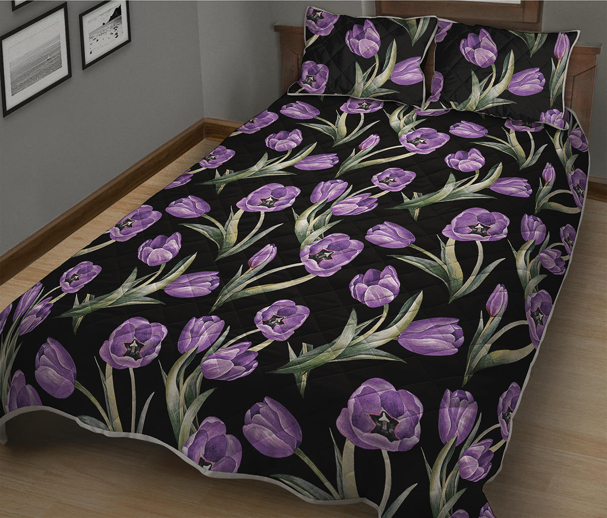Purple Watercolor Tulip Pattern Print Quilt Bed Set