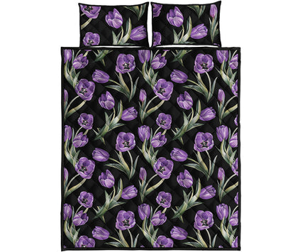 Purple Watercolor Tulip Pattern Print Quilt Bed Set
