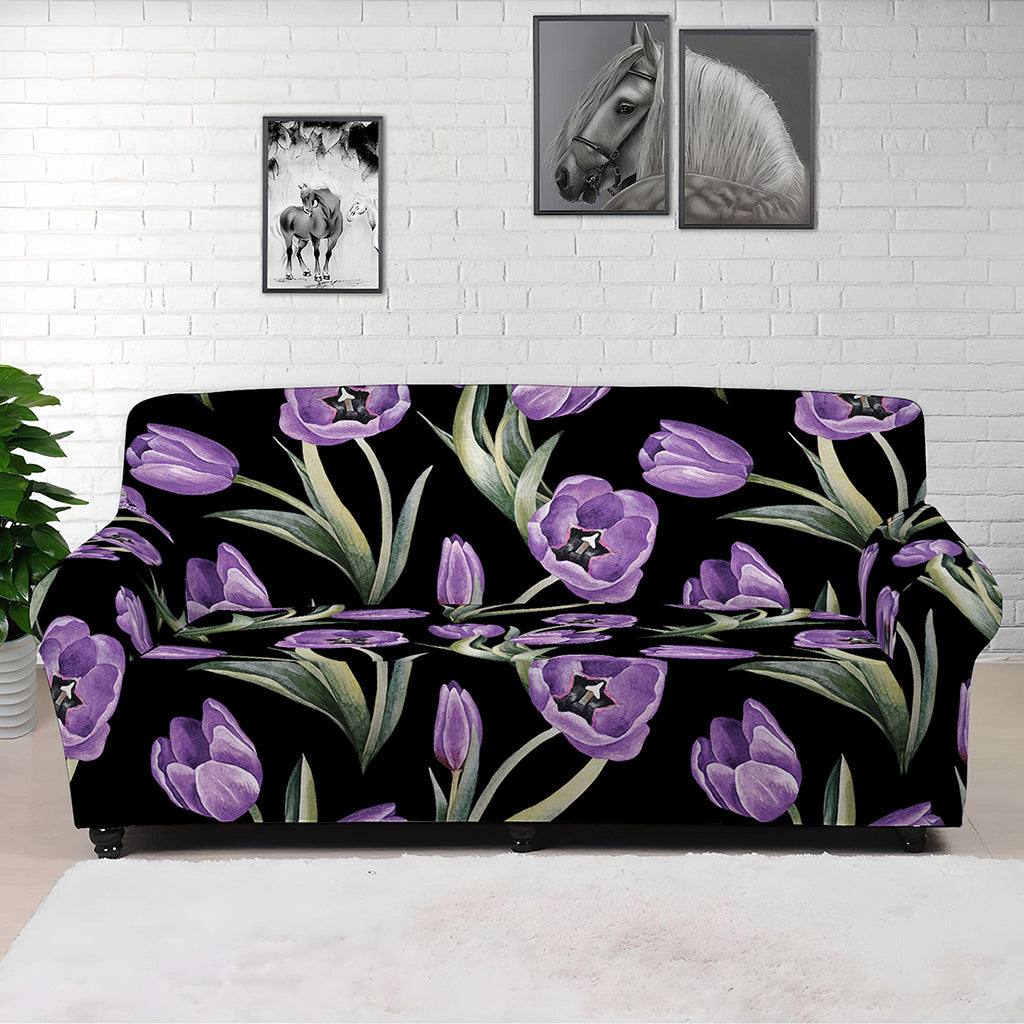 Purple Watercolor Tulip Pattern Print Sofa Cover