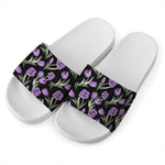 Purple Watercolor Tulip Pattern Print White Slide Sandals