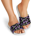 Purple Watercolor Tulip Pattern Print White Slide Sandals