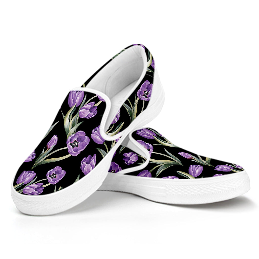 Purple Watercolor Tulip Pattern Print White Slip On Shoes