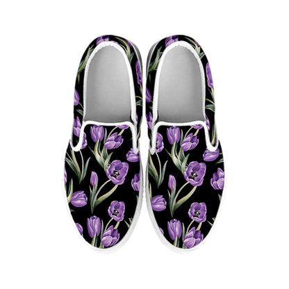 Purple Watercolor Tulip Pattern Print White Slip On Shoes
