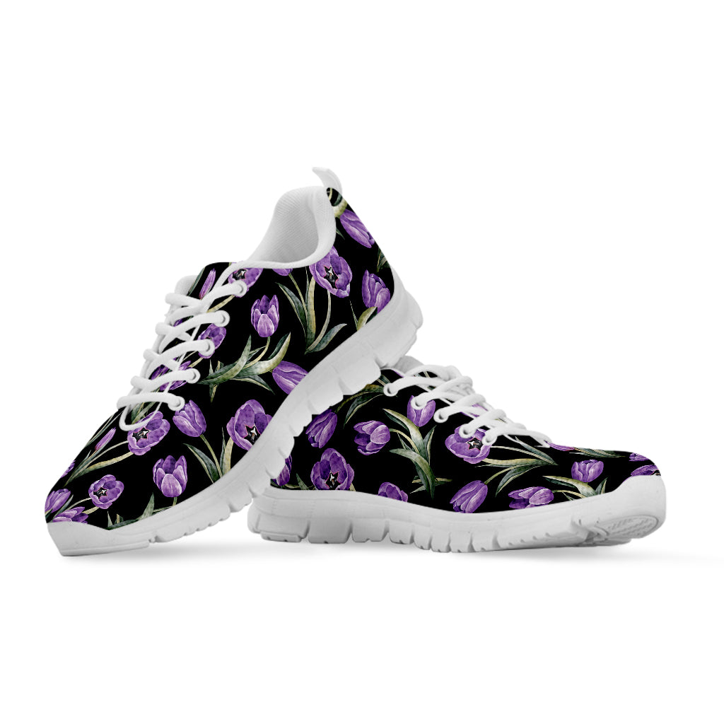 Purple Watercolor Tulip Pattern Print White Sneakers