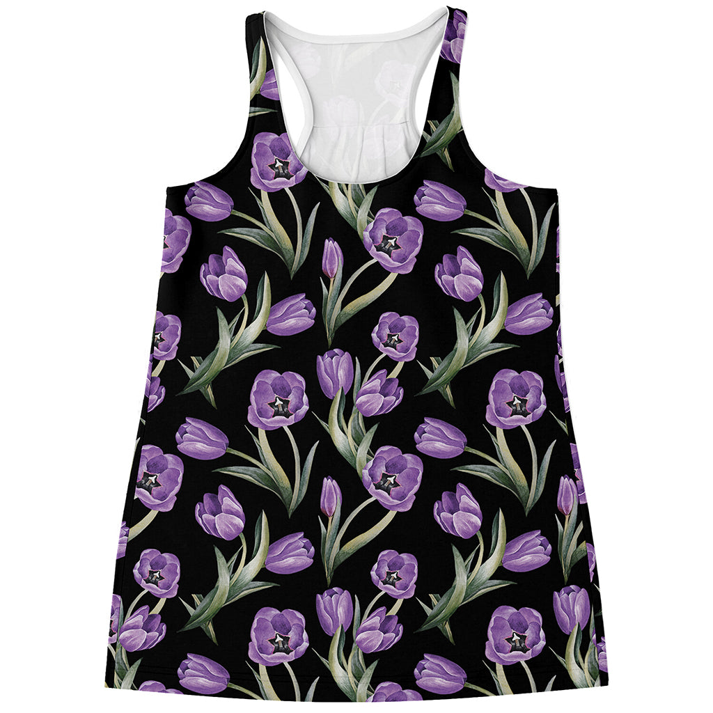 Purple Watercolor Tulip Pattern Print Women's Racerback Tank Top
