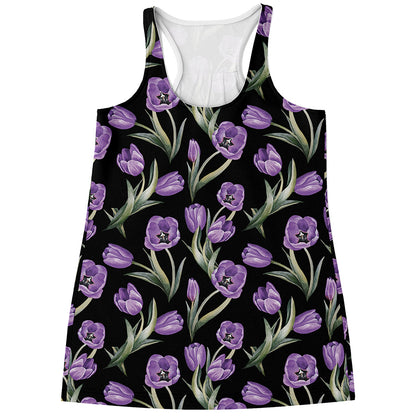 Purple Watercolor Tulip Pattern Print Women's Racerback Tank Top