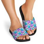 Purple Zig Zag Pineapple Pattern Print Black Slide Sandals