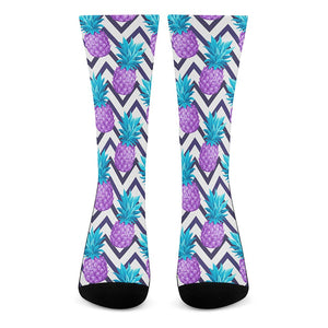 Purple Zig Zag Pineapple Pattern Print Crew Socks