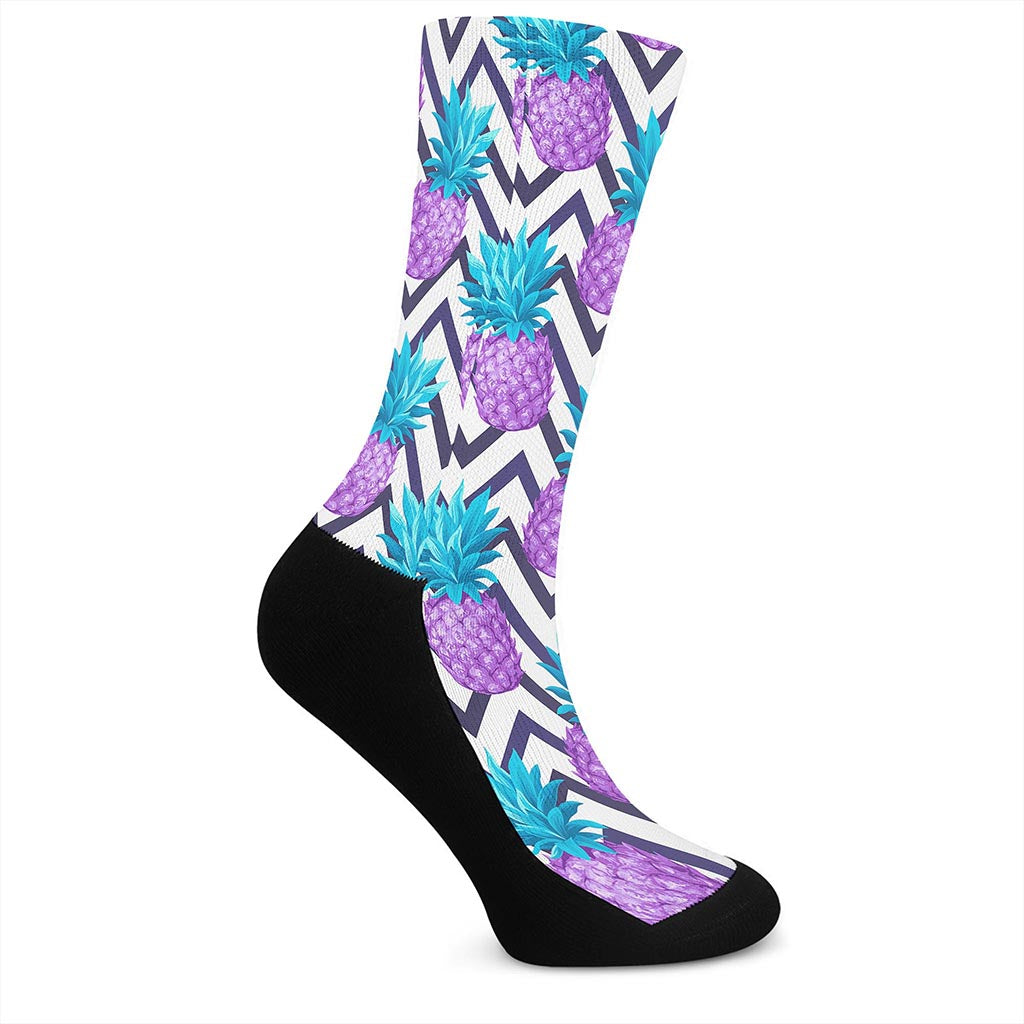 Purple Zig Zag Pineapple Pattern Print Crew Socks