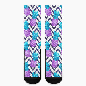 Purple Zig Zag Pineapple Pattern Print Crew Socks