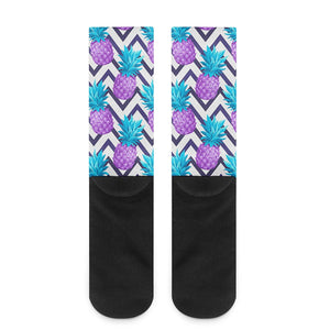 Purple Zig Zag Pineapple Pattern Print Crew Socks